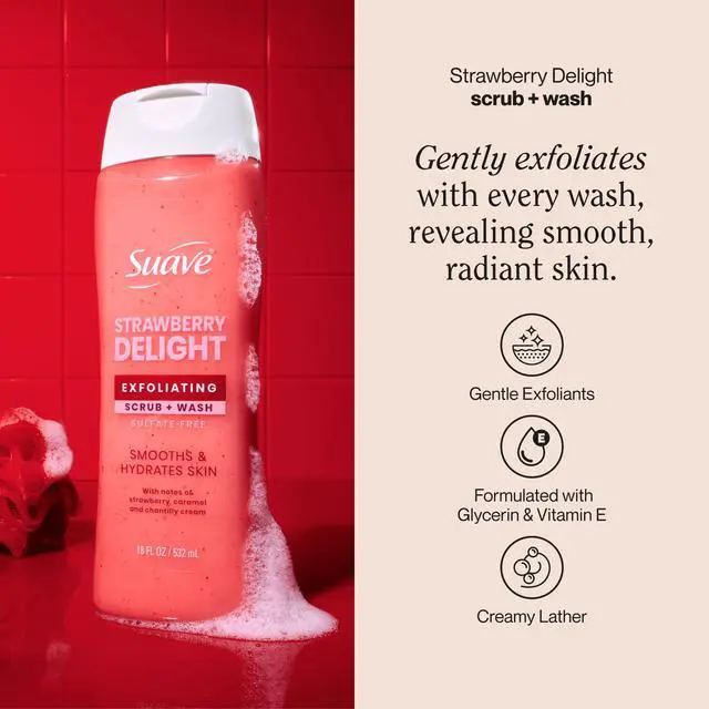 Alt view image 3 of 6 - Suave Strawberry Delight Exfoliating Body Wash & Scrub with Glycerin & Vitamin E, Sulfate-Free Hydrating Cleanser for Soft, Smooth Skin, 18 fl oz