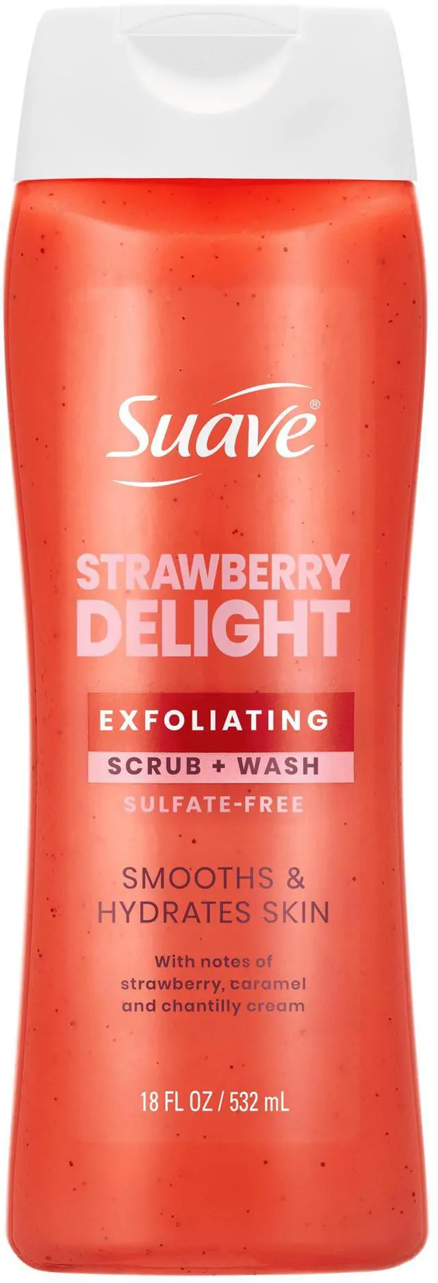 Main image of Suave Strawberry Delight Exfoliating Body Wash & Scrub with Glycerin & Vitamin E, Sulfate-Free Hydrating Cleanser for Soft, Smooth Skin, 18 fl oz