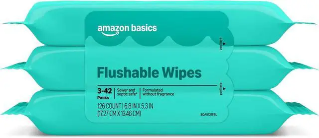Main image of Basics Flushable Wipes, Fragrance Free, Adult Wet Wipes,126 Count (3 Packs of 42), Packaging May Vary