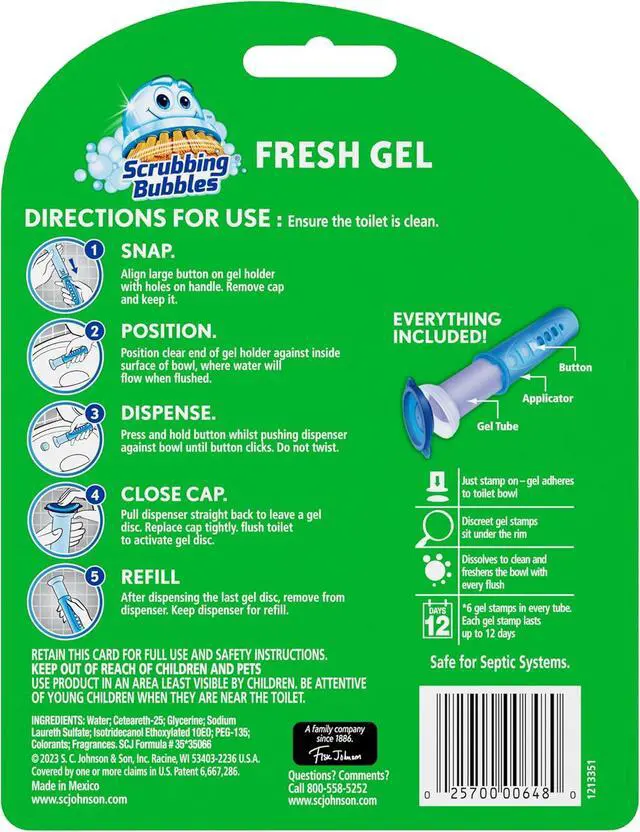 Alt view image 3 of 6 - Scrubbing Bubbles Fresh Gel Toilet Bowl Cleaning Stamps, Helps Keep Toilet Clean and Helps Prevent Limescale & Rings, Berry Burst Scent, 1 Dispenser with 6 Fresh Gel Stamps