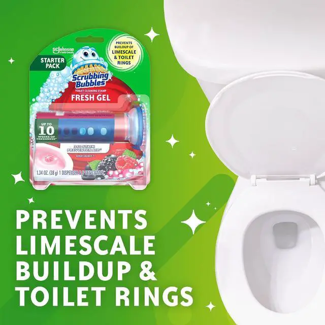 Alt view image 6 of 6 - Scrubbing Bubbles Fresh Gel Toilet Bowl Cleaning Stamps, Helps Keep Toilet Clean and Helps Prevent Limescale & Rings, Berry Burst Scent, 1 Dispenser with 6 Fresh Gel Stamps