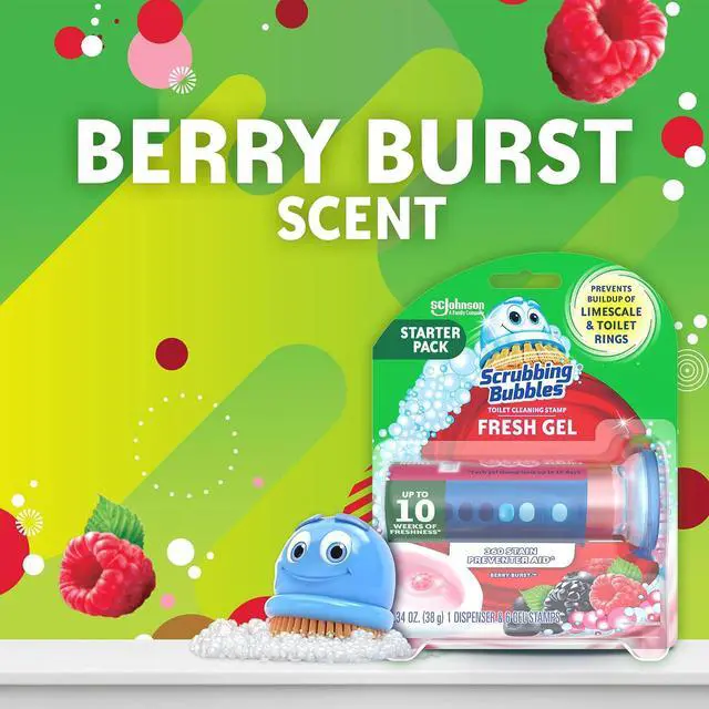 Alt view image 2 of 6 - Scrubbing Bubbles Fresh Gel Toilet Bowl Cleaning Stamps, Helps Keep Toilet Clean and Helps Prevent Limescale & Rings, Berry Burst Scent, 1 Dispenser with 6 Fresh Gel Stamps