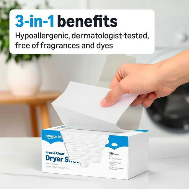 Alt view image 2 of 6 - Amazon Basics Dryer Sheets Laundry Fabric Softener, Free & Clear, Hypoallergenic, Free of Fragrances, Softening Agent, Dermatologist Tested, 160 Count