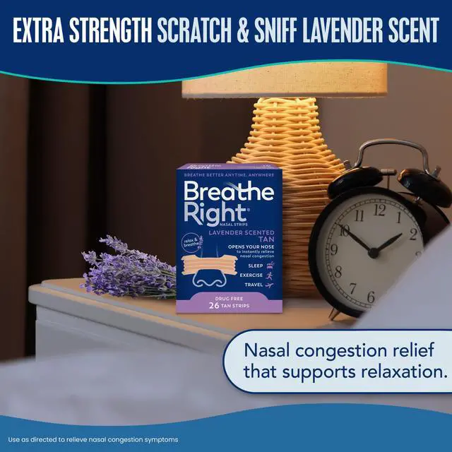 Alt view image 6 of 6 - Breathe Right Nasal Strips, Tan Nasal Strips, Extra Strength, Calming Lavender Scent, 26 Count