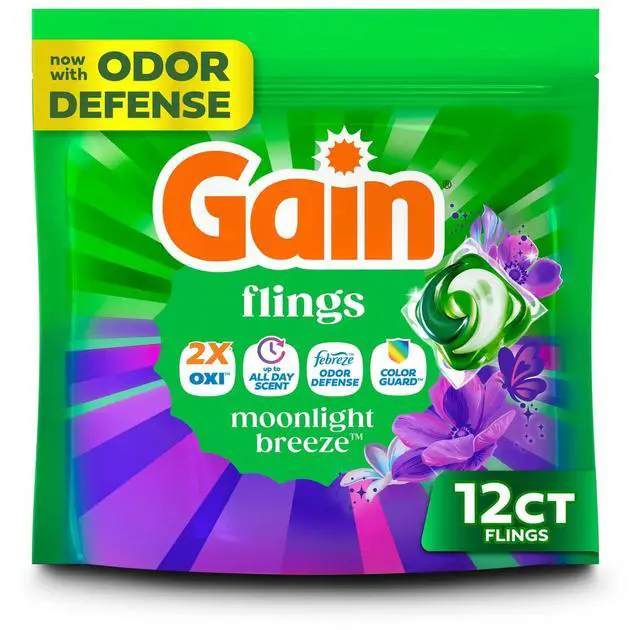 Main image of Gain Flings Laundry Detergent Soap Pacs, 4-in-1 Oxi Boost and Febreze, Moonlight Breeze Scent, 12 Count