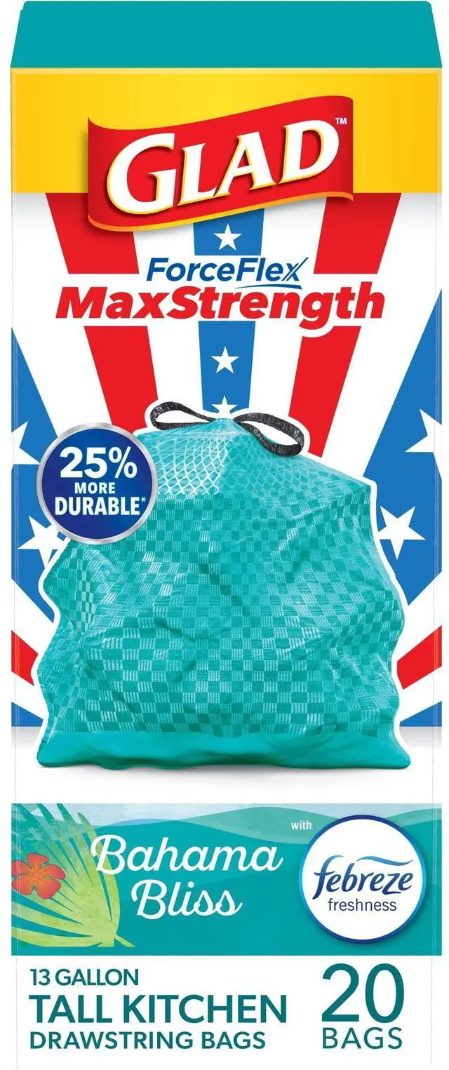 Main image of Glad ForceFlex MaxStrength 13-Gallon Teal Drawstring Tall Kitchen Trash Bags, Febreze Freshness Bahama Bliss Scent, 20 Bags