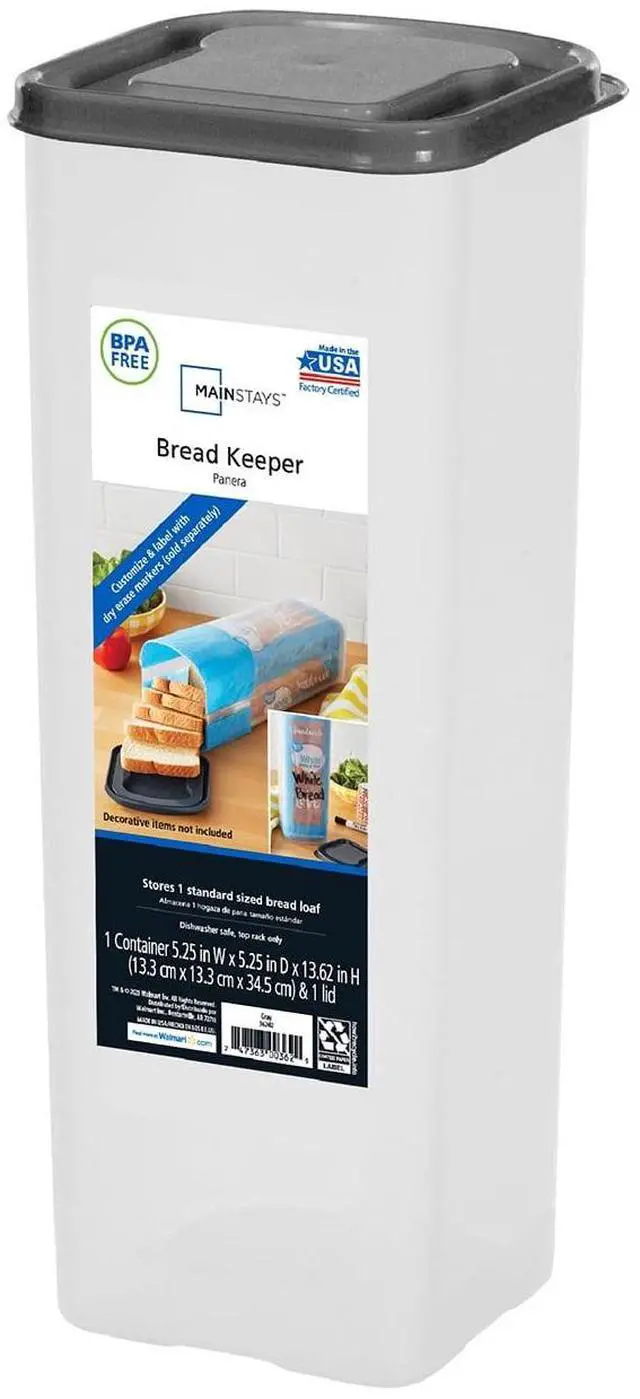 Main image of Mainstays Plastic Bread Bin and Bread Storage Keeper Container with Lid, Pantry Bread Organizer for Loaf Bread and Food Storage, Clear with Gray Lid, 5.25" x 5.25" x 13.62"