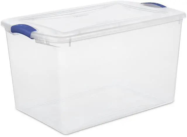 Main image of Sterilite 66 Quart Large Latching Storage Bin, Clear Plastic Storage Container with Latch Lid, Blue