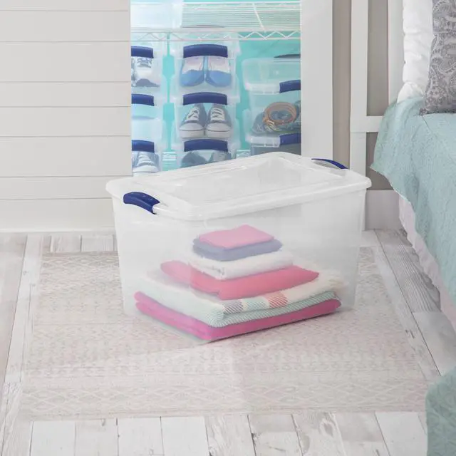 Alt view image 3 of 7 - Sterilite 66 Quart Large Latching Storage Bin, Clear Plastic Storage Container with Latch Lid, Blue