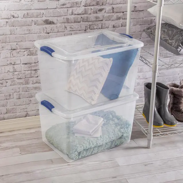 Alt view image 4 of 7 - Sterilite 66 Quart Large Latching Storage Bin, Clear Plastic Storage Container with Latch Lid, Blue