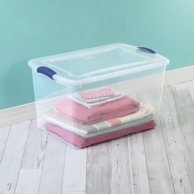 Alt view image 5 of 7 - Sterilite 66 Quart Large Latching Storage Bin, Clear Plastic Storage Container with Latch Lid, Blue