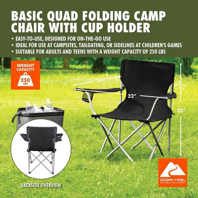 Alt view image 2 of 7 - Ozark Trail Quad Folding Camp Chair with Cup Holder, Black