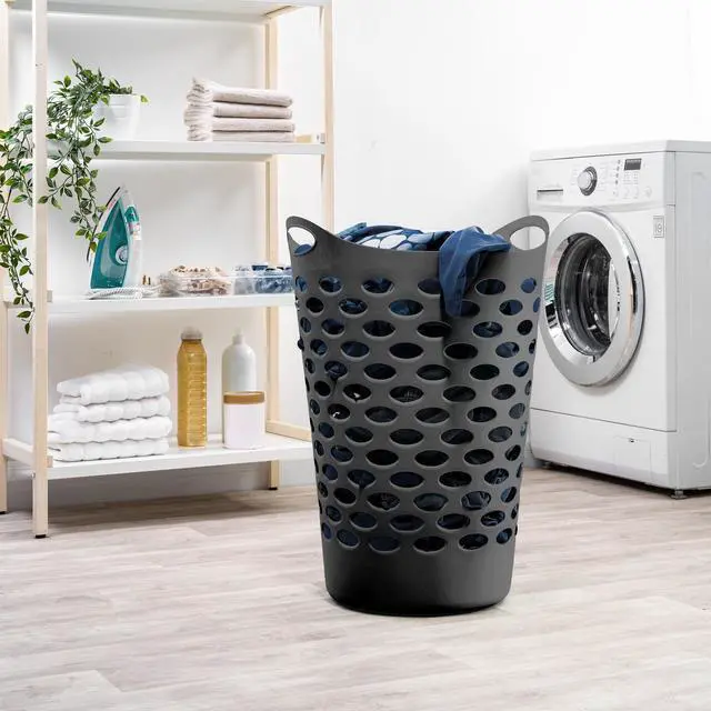 Alt view image 6 of 7 - Mainstays Flexible Round Laundry Hamper with Carry Handles, Black Plastic