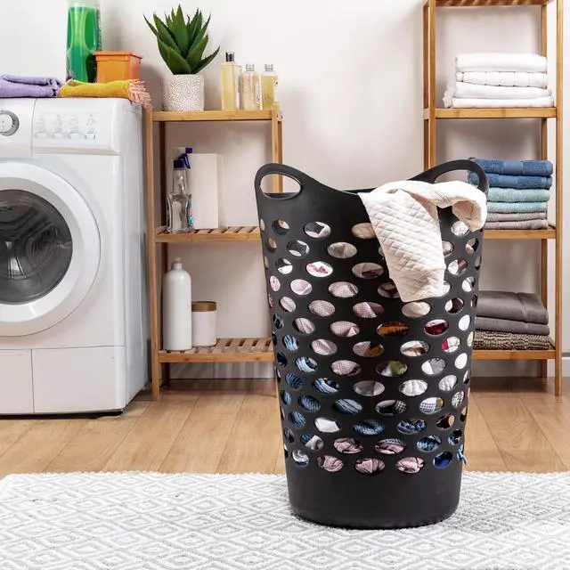 Alt view image 7 of 7 - Mainstays Flexible Round Laundry Hamper with Carry Handles, Black Plastic