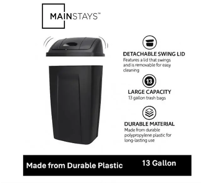 Alt view image 2 of 6 - Mainstays Kitchen Trash Can, 13 Gallon Plastic Garbage Bin with Swing Top Lid, Black