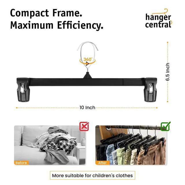 Alt view image 3 of 7 - Hanger Central 10 Pack Black Plastic Pants Hangers with Clips 10 inch