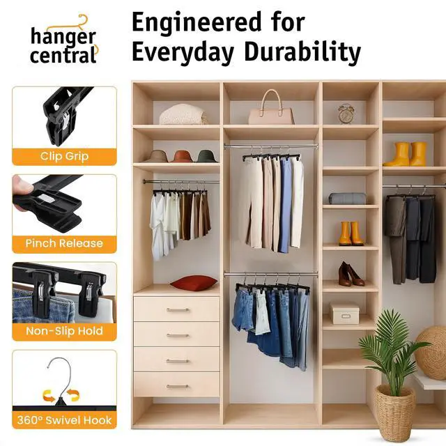 Alt view image 5 of 7 - Hanger Central 10 Pack Black Plastic Pants Hangers with Clips 10 inch
