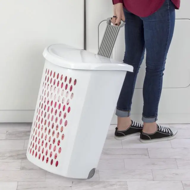 Alt view image 3 of 7 - Sterilite Ultra Wheeled Hamper, Plastic Laundry Hamper with Handle and Wheels for Easy Transport, White