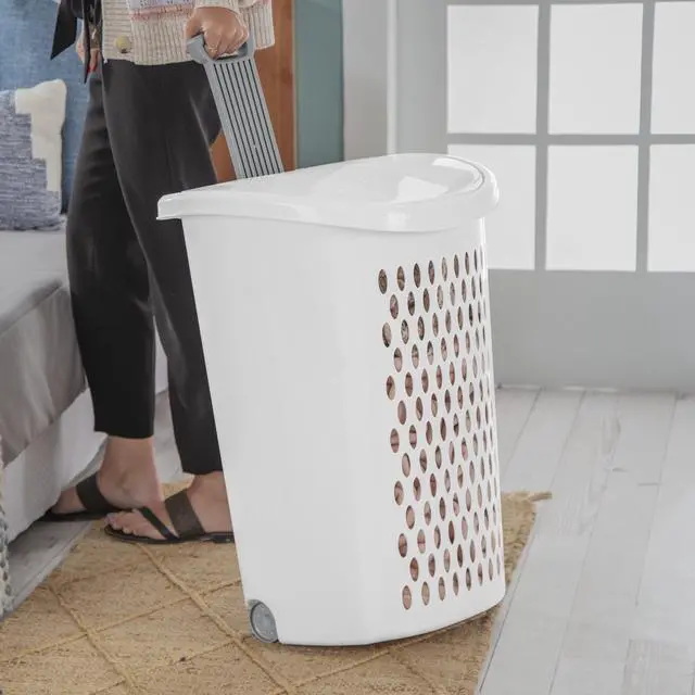 Alt view image 4 of 7 - Sterilite Ultra Wheeled Hamper, Plastic Laundry Hamper with Handle and Wheels for Easy Transport, White