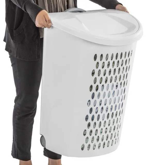 Alt view image 7 of 7 - Sterilite Ultra Wheeled Hamper, Plastic Laundry Hamper with Handle and Wheels for Easy Transport, White