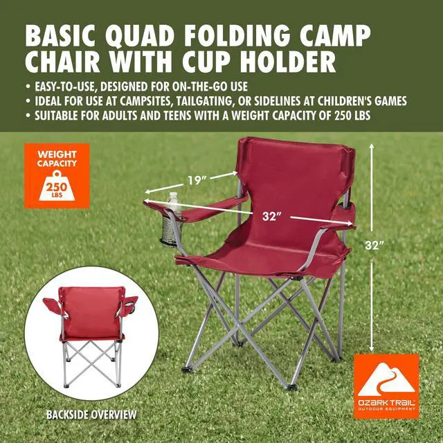 Alt view image 2 of 7 - Ozark Trail Quad Folding Camp Chair with Cup Holder, Red