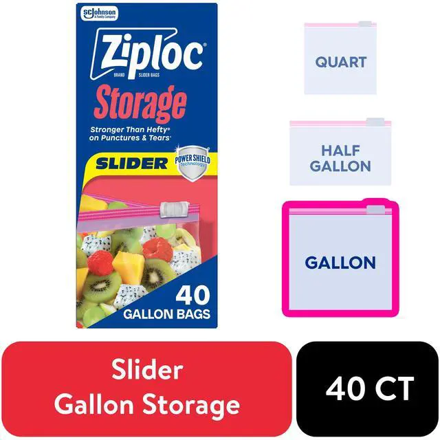 Main image of Ziploc Brand Gallon Slider Food Storage Bags, School Supplies, with Power Shield Technology, 40 Count