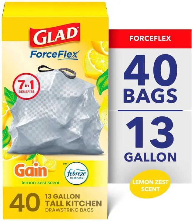 Main image of Glad ForceFlex 13-Gallon Drawstring Tall Kitchen Trash Bags, Gain Lemon Zest Scent, 40 Bags