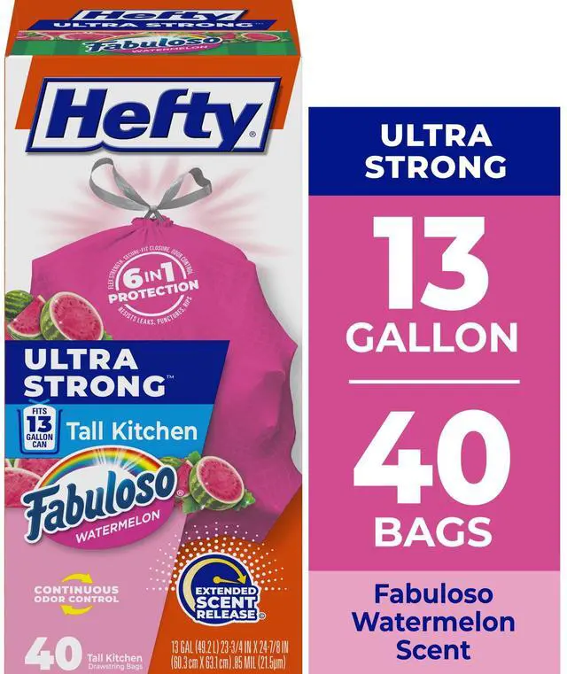 Main image of Hefty Ultra Strong 13 Gallon Trash Bags, Tall Kitchen Trash Bags, Pink, Fabuloso Watermelon Scent, 40 Bags