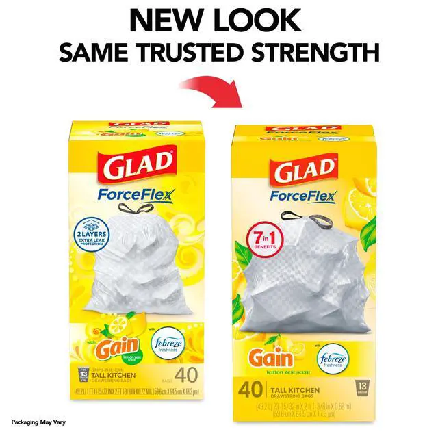 Alt view image 2 of 7 - Glad ForceFlex 13-Gallon Drawstring Tall Kitchen Trash Bags, Gain Lemon Zest Scent, 40 Bags