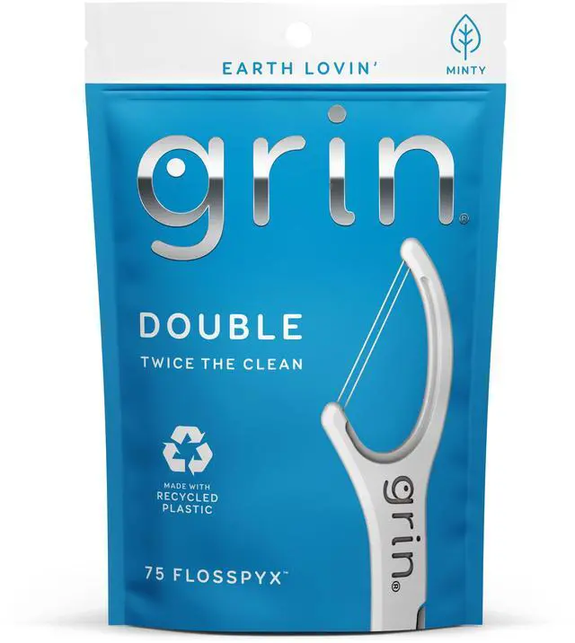 Main image of GRIN Double Flosspyx Floss Picks, Mint Flavor, 75 Count, Recycled Plastic, 2-Line Floss