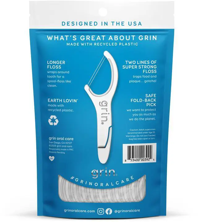 Alt view image 2 of 7 - GRIN Double Flosspyx Floss Picks, Mint Flavor, 75 Count, Recycled Plastic, 2-Line Floss