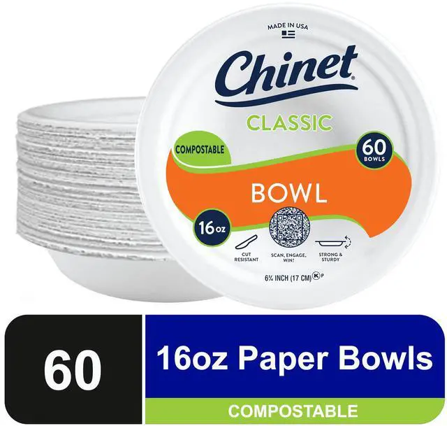 Main image of Chinet Classic Premium Disposable Paper Bowls, 16oz, White, 60 Count