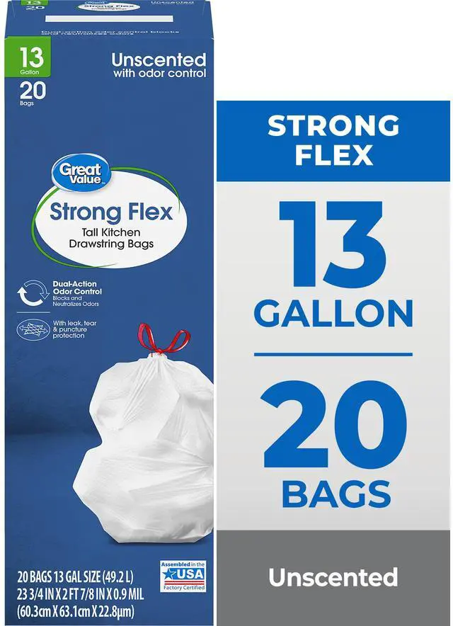 Main image of Great Value Strong Flex Tall Kitchen Drawstring Bags, Unscented, 13 Gallon, 20 Count