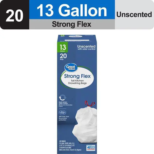 Alt view image 2 of 7 - Great Value Strong Flex Tall Kitchen Drawstring Bags, Unscented, 13 Gallon, 20 Count
