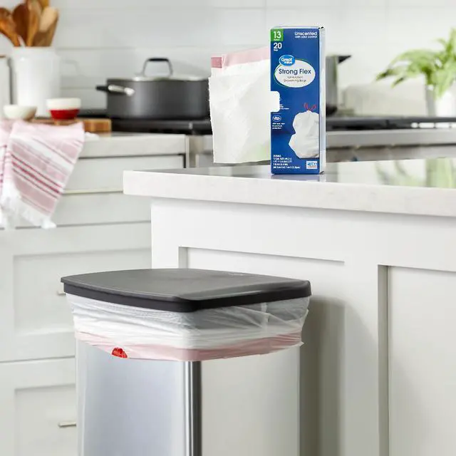 Alt view image 3 of 7 - Great Value Strong Flex Tall Kitchen Drawstring Bags, Unscented, 13 Gallon, 20 Count