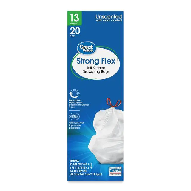 Alt view image 4 of 7 - Great Value Strong Flex Tall Kitchen Drawstring Bags, Unscented, 13 Gallon, 20 Count