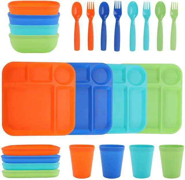 Main image of Your Zone Kids Dinnerware Set, 24-Piece Plastic Tableware Set with Divided Trays, Plates, Bowls, Cups & Utensils, Multicolor