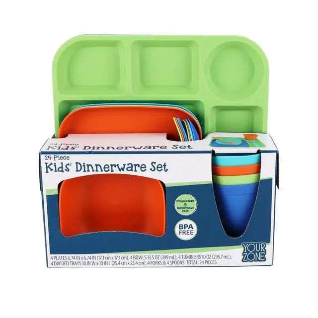Alt view image 3 of 7 - Your Zone Kids Dinnerware Set, 24-Piece Plastic Tableware Set with Divided Trays, Plates, Bowls, Cups & Utensils, Multicolor