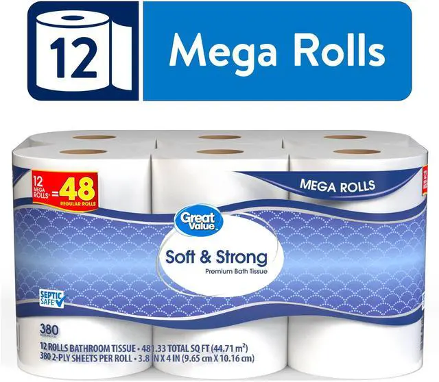 Main image of Great Value Soft & Strong Toilet Paper, 12 Mega Rolls, 380 Sheets per Roll