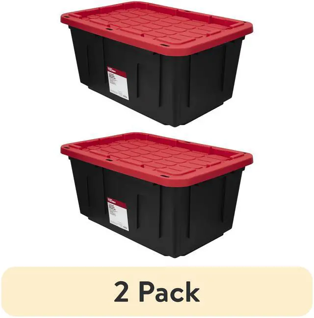 Main image of (2 pack) Hyper Tough 27 Gallon Large Storage Bin with Snap Lid, Black and Red, Heavy Duty Plastic Storage Container
