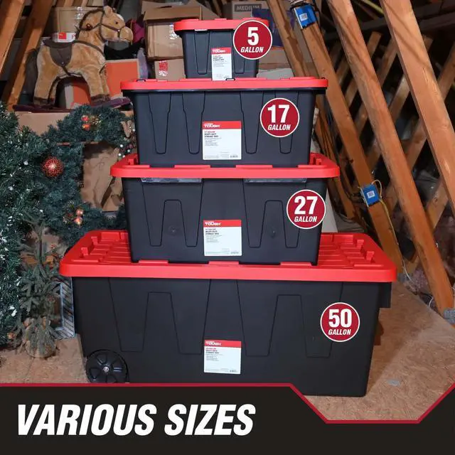 Alt view image 5 of 7 - (2 pack) Hyper Tough 27 Gallon Large Storage Bin with Snap Lid, Black and Red, Heavy Duty Plastic Storage Container