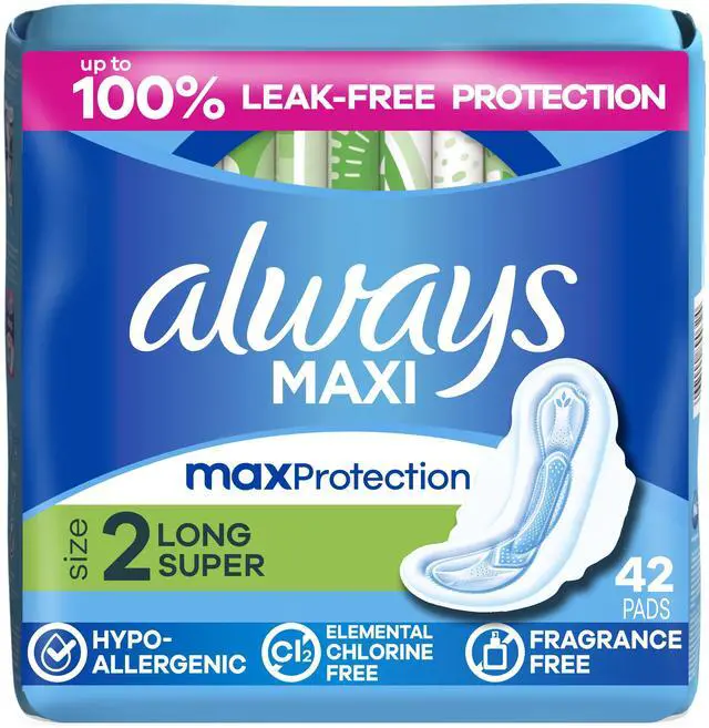 Main image of Always Maxi Pads with Wings, Size 2, Long Super Absorbency, 42 count