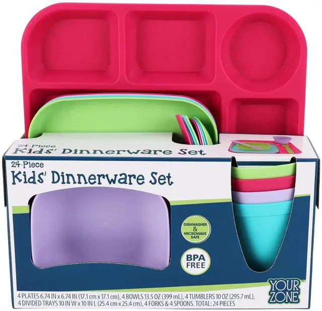 Main image of Your Zone Kids Dinnerware Set, 24-Piece Plastic Plates, Bowls, Cups & Utensils, Pink Assorted