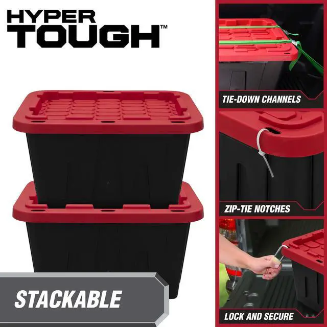 Alt view image 4 of 7 - Hyper Tough 12 Gallon Small Storage Bin with Snap Lid, Black and Red, Heavy Duty Plastic Storage Container