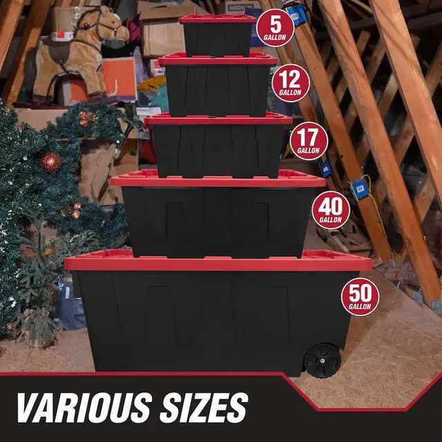 Alt view image 7 of 7 - Hyper Tough 12 Gallon Small Storage Bin with Snap Lid, Black and Red, Heavy Duty Plastic Storage Container