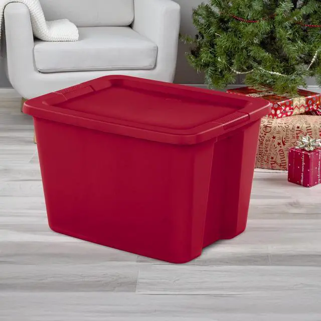 Alt view image 3 of 7 - Sterilite 18 Gallon Tote, Plastic Christmas Storage Bin with Snap-on Lid, Ideal for Holiday Linens, Décor, Keepsakes and More, Red