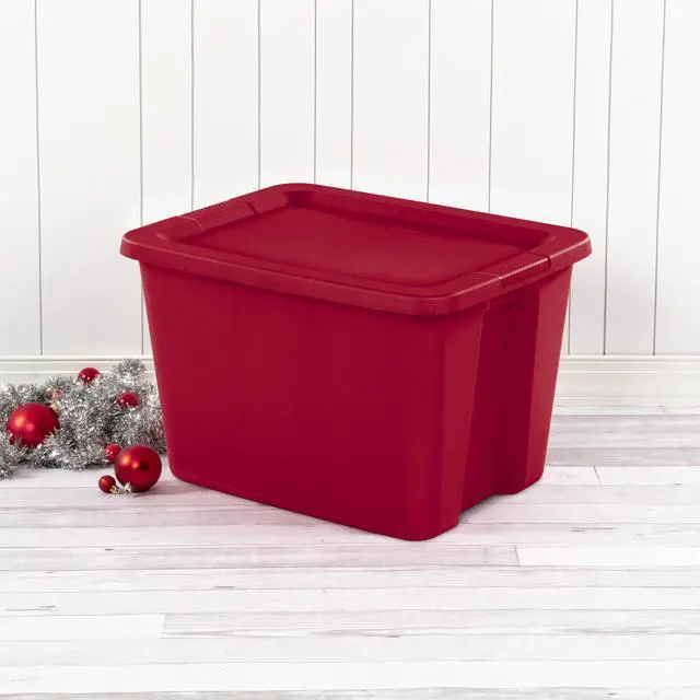 Alt view image 5 of 7 - Sterilite 18 Gallon Tote, Plastic Christmas Storage Bin with Snap-on Lid, Ideal for Holiday Linens, Décor, Keepsakes and More, Red