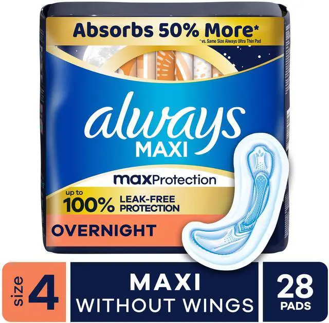 Main image of Always Maxi Pads without Wings, Size 4, Overnight Absorbency, 28 count