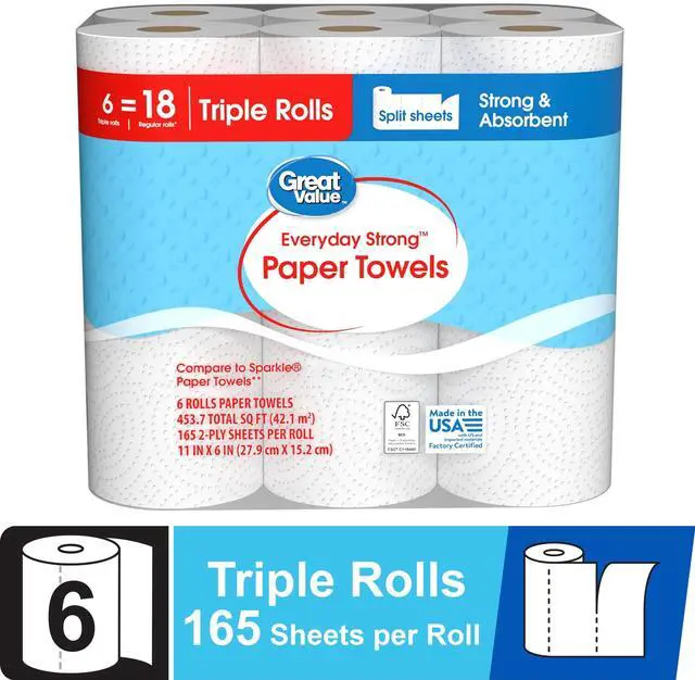 Main image of Great Value Everyday Strong Paper Towels, 6 Triple Rolls, Split Sheets