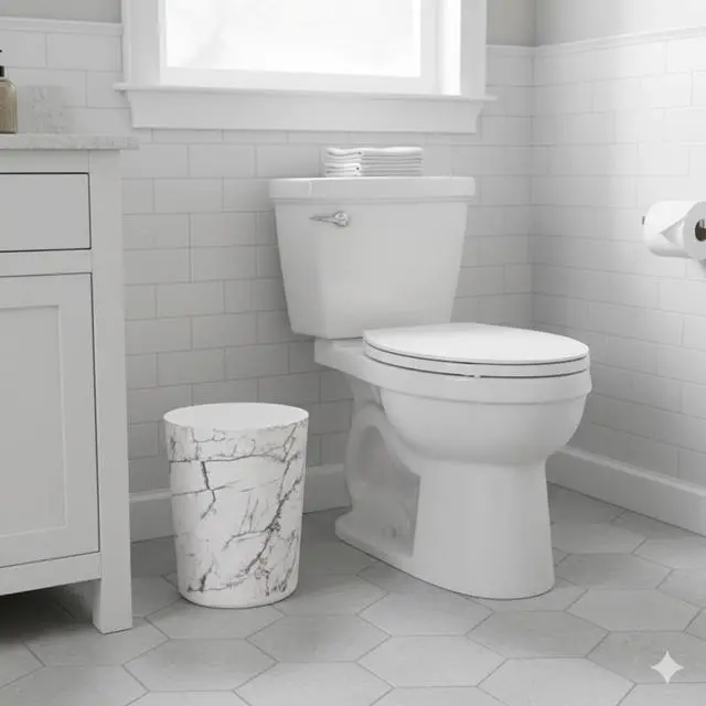 Alt view image 4 of 7 - Mainstays 5 gal Open-Top Bathroom Trash Can, Plastic Garbage Bin, White Marble